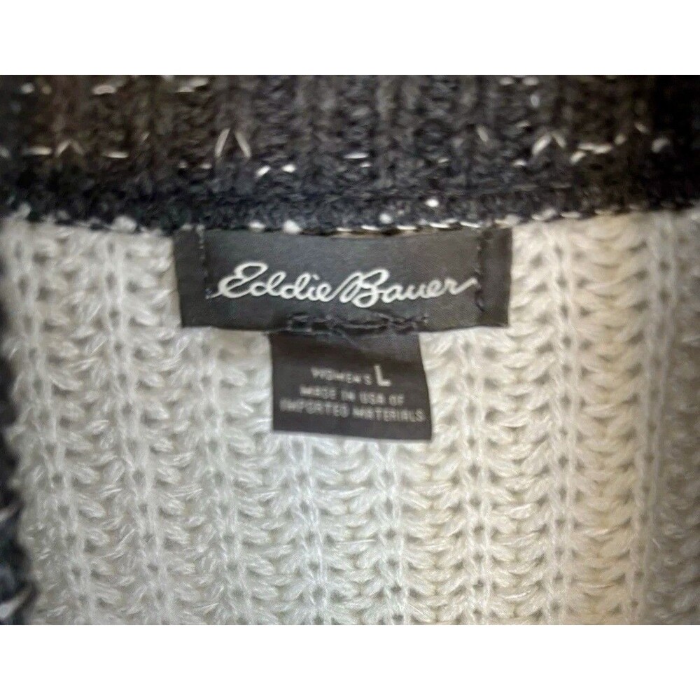 Eddie Bauer Open Front Cable Ivory Gray Black Cardigan Sweater Women’s Large - Picture 2 of 5